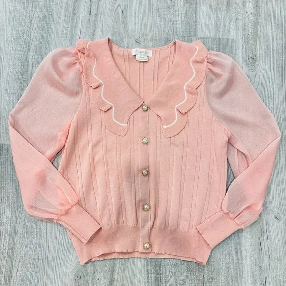 NWOT Pink V-Neck Bib Collar Sweater with Pearl Buttons Sheer Sleeves Size Small - Picture 1 of 6
